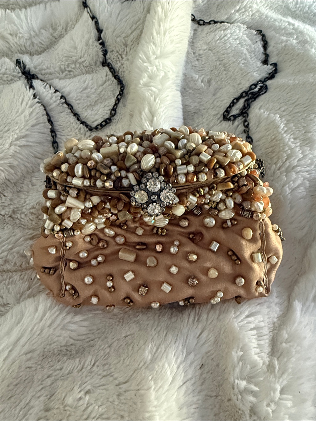 Mary Frances Beaded Pearl-Embellished Taupe Evening Clutch